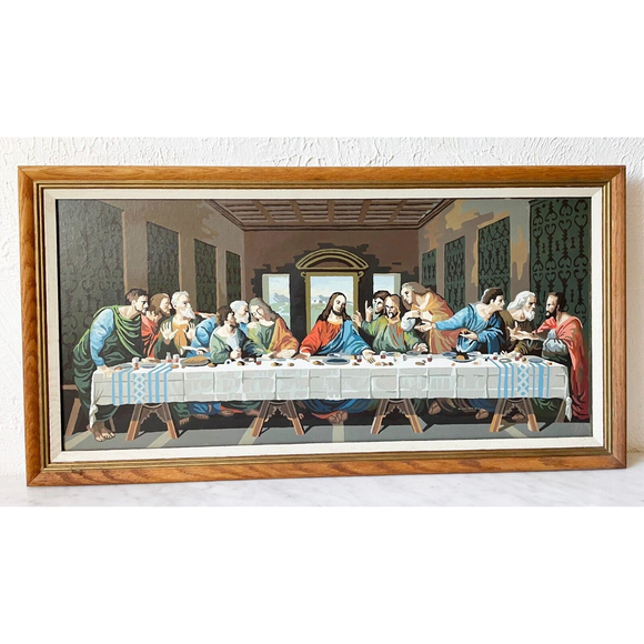 The Last Supper Paint By Number Completed & Framed Painting Vintage 18" x 35" - Picture 1 of 12